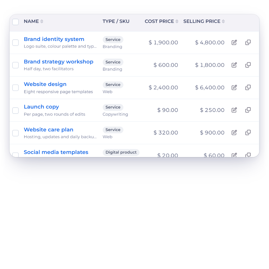 The Invoice Crowd Items list with saved services and their selling prices, a new line saved to the catalog from an estimate, and the item picker filtering as you type