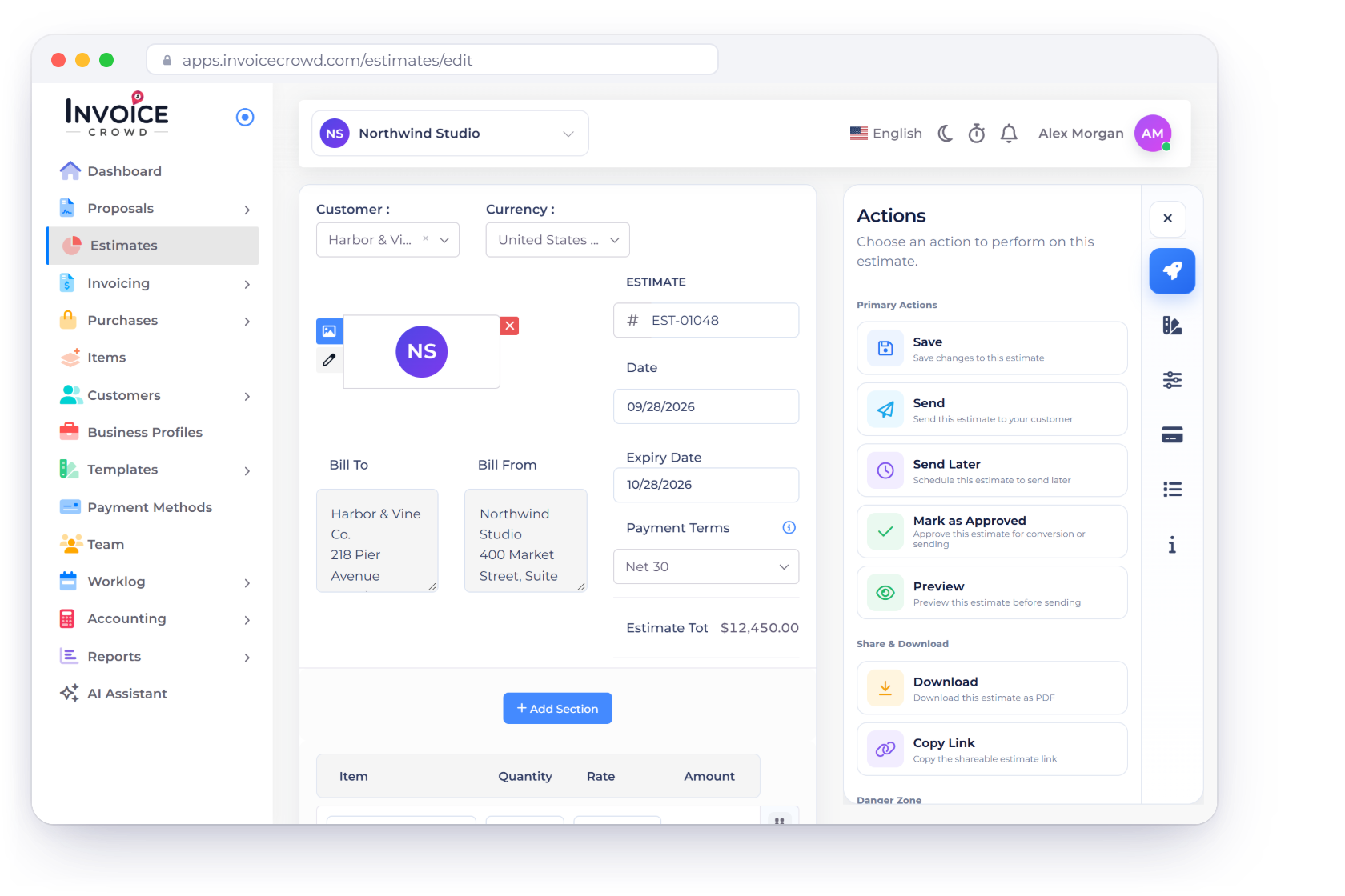 The Invoice Crowd estimate editor for EST-01048 with customer, dates, priced lines and actions, next to the client view with adjustable quantities and removable items and an approval notification