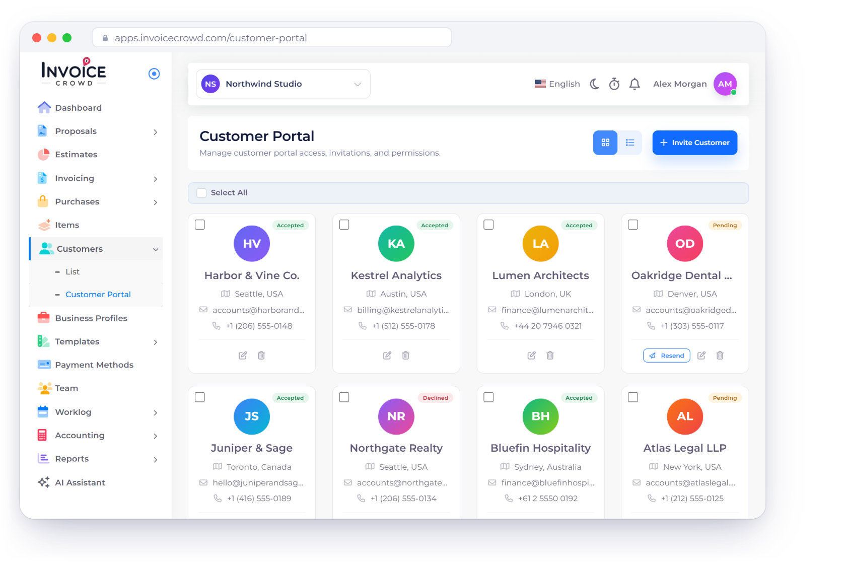The Customer Portal screen in Invoice Crowd with invited customers and their Accepted, Pending and Declined status, next to the portal content chosen for one customer and the portal as that customer sees it