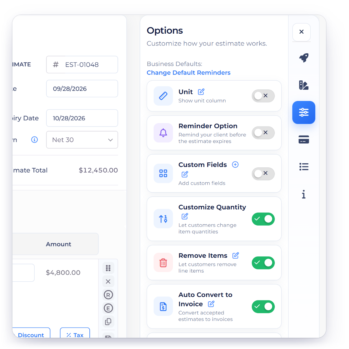 An Invoice Crowd estimate as the client sees it with one item removed and another quantity changed, next to the Customize Quantity and Remove Items options that allow both