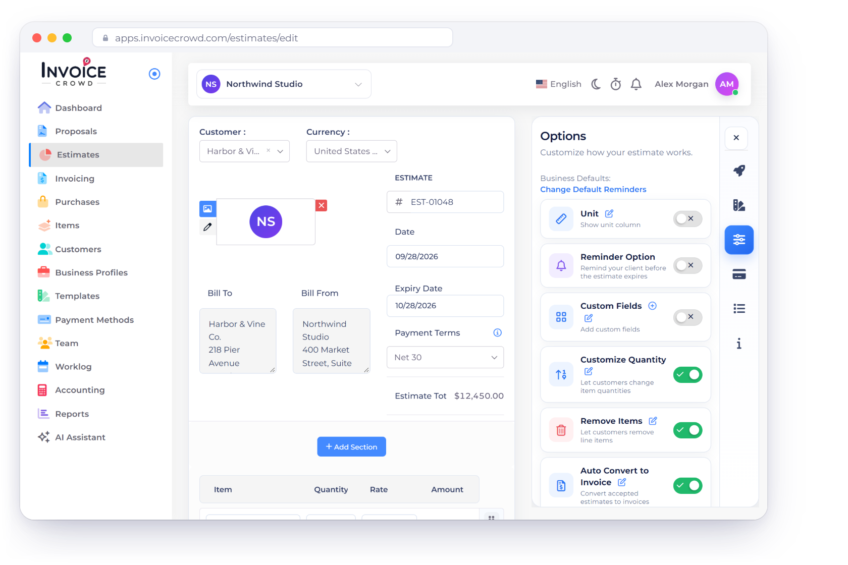 The Invoice Crowd estimate editor with the Options panel open and Customize Quantity switched on, next to the client view where the quantity of a line has been changed and the total recalculated