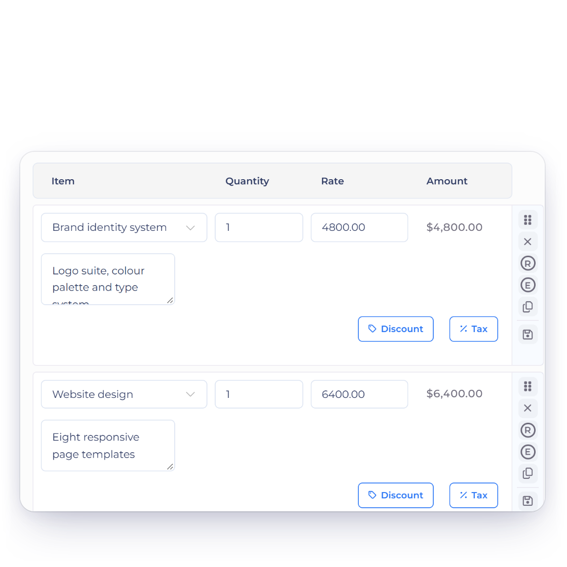 The same Invoice Crowd estimate line in the editor and in the client view, with the quantity the client changed shown in both, so both sides read the same figures