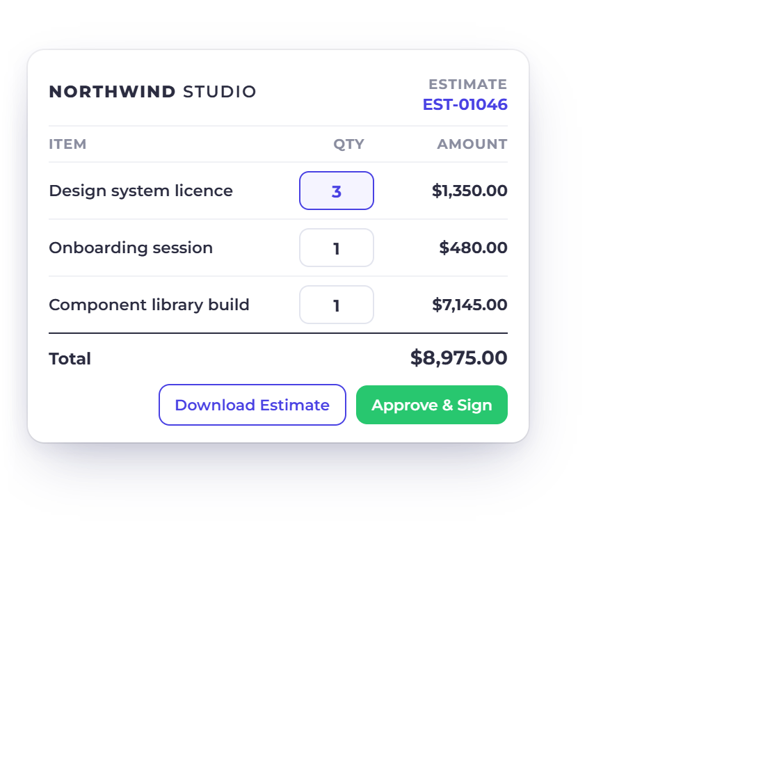 The Approve and Sign dialog on an Invoice Crowd estimate with the client typing their name, over the estimate with the adjusted quantities, and the approval notification