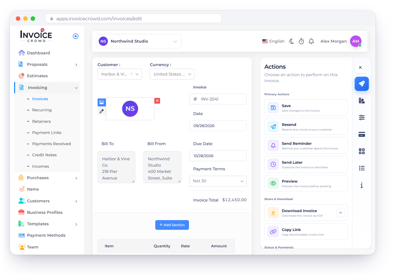 Invoice INV-2041 in the Invoice Crowd invoice editor, created from approved estimate EST-01048 with the same customer, lines and total, with the estimate approval and the conversion options