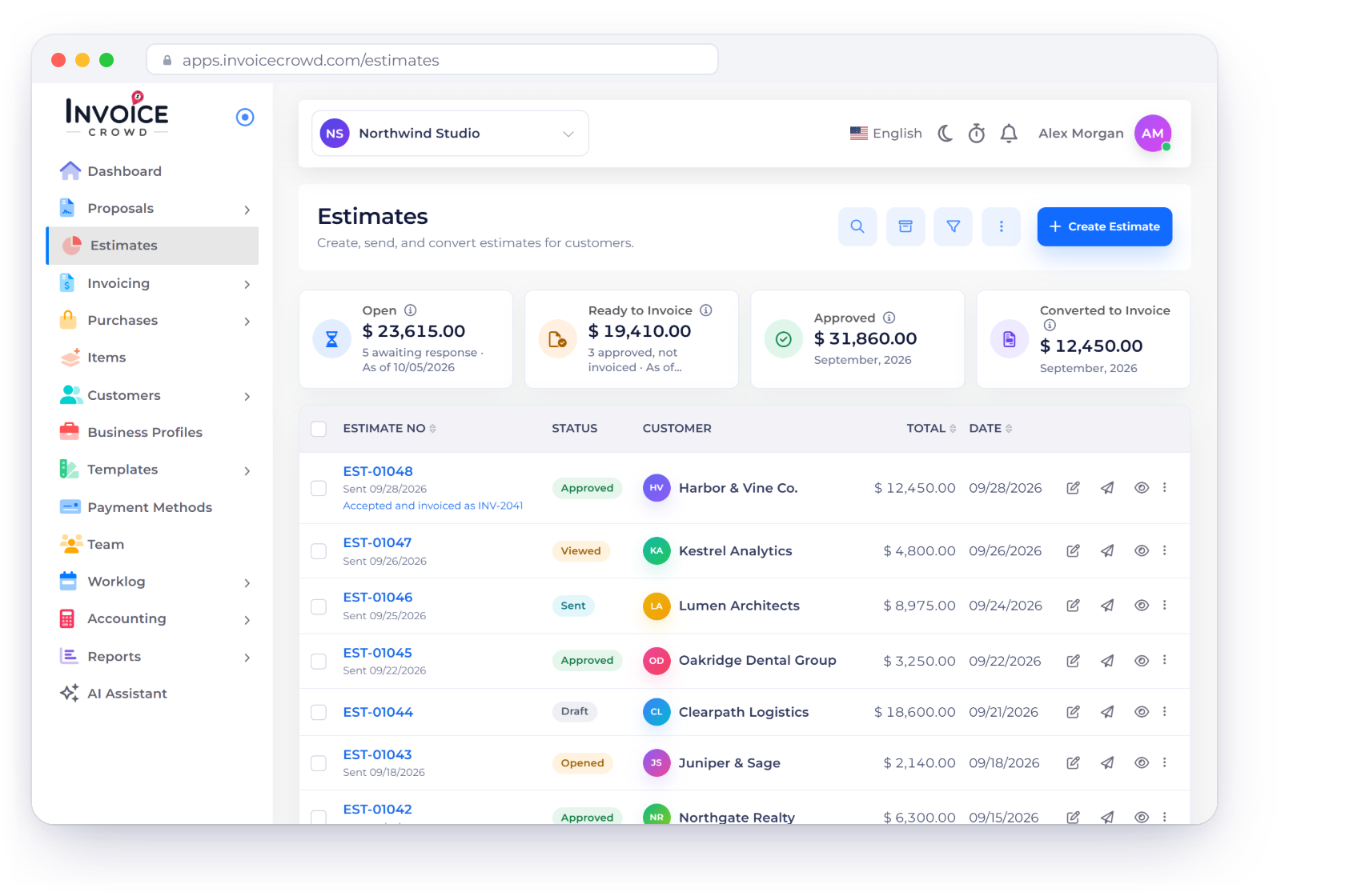 The Estimates screen in Invoice Crowd listing approved, viewed, opened, sent and draft estimates, with an approval notification, an approved estimate ready to convert and the estimate options for client quantities, item removal and automatic conversion