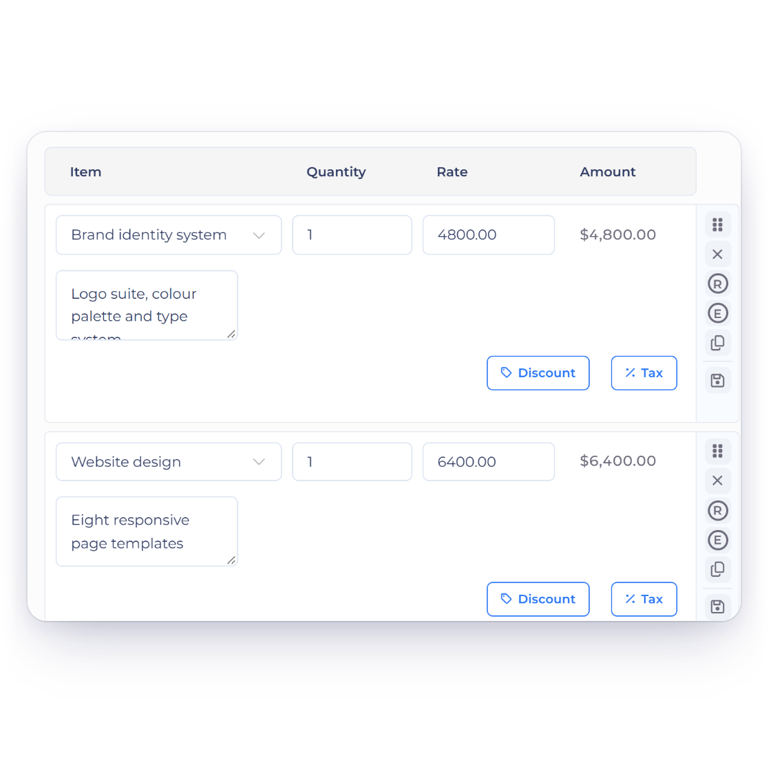 Invoice Crowd estimate editor with three priced lines, the item list filtered as you type and a new line kept as a saved item