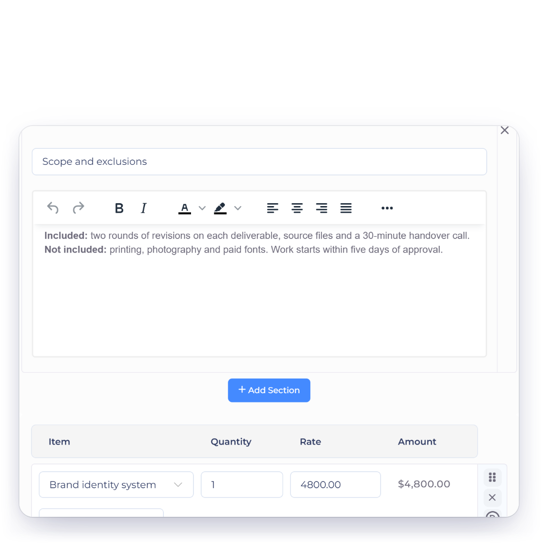 Invoice Crowd estimate editor with an added section titled Scope and exclusions above the priced lines, describing what is and is not included