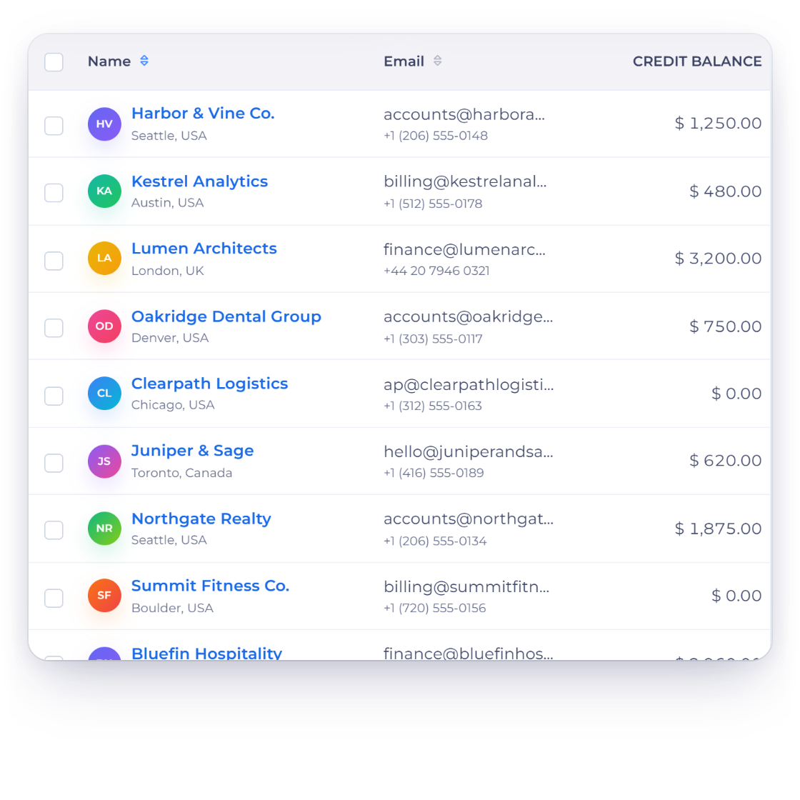 Invoice Crowd customers list with Export to CSV and an outbound webhook that notifies a URL you control when a customer is created or updated