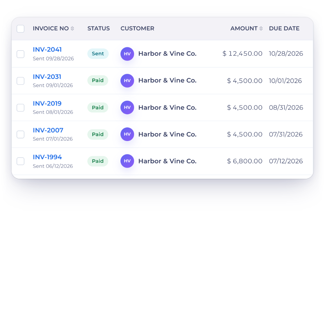 Invoice Crowd invoices list for one customer with the attachments added to an invoice, a signed agreement and a specification, that the customer opens with View Attachments