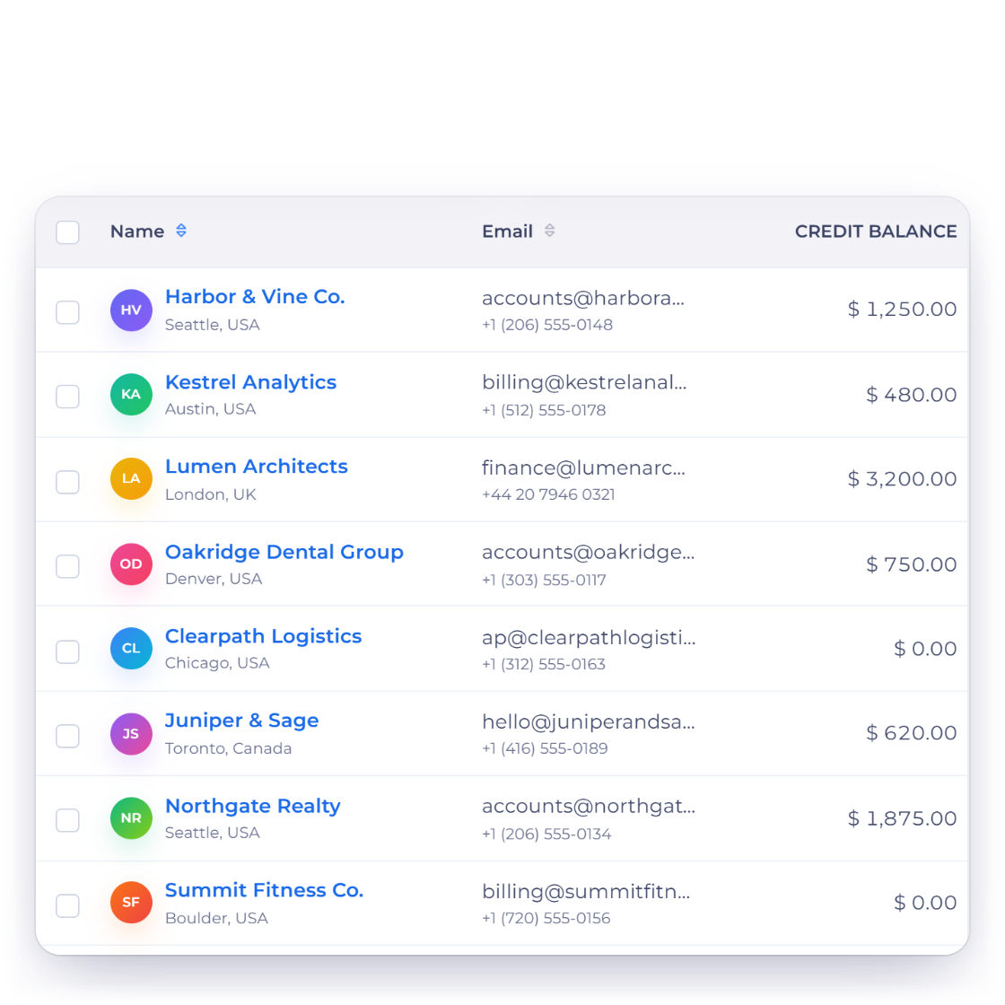 The Invoice Crowd customers list narrowed by a search as you type, matching one customer by name