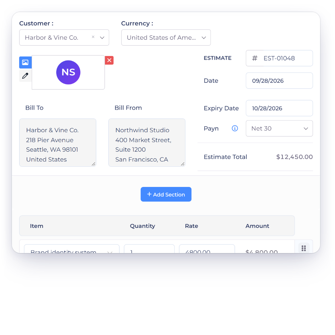 Invoice Crowd estimate editor with the Options panel and the Remove Items setting switched on for the whole estimate
