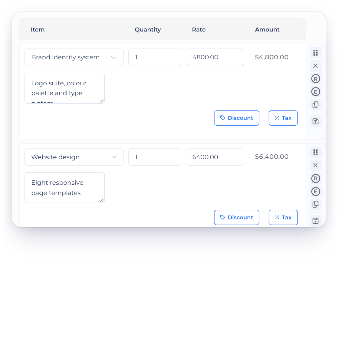 An Invoice Crowd estimate as the client sees it with the saved item names and rates fixed and only the remove control available, and the estimate editor behind it