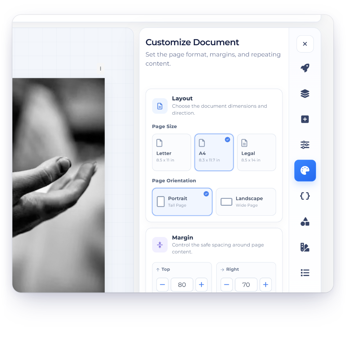 Invoice Crowd proposal editor with the Customize document panel for page size, orientation and margins, the font choices for text blocks and the proposal title