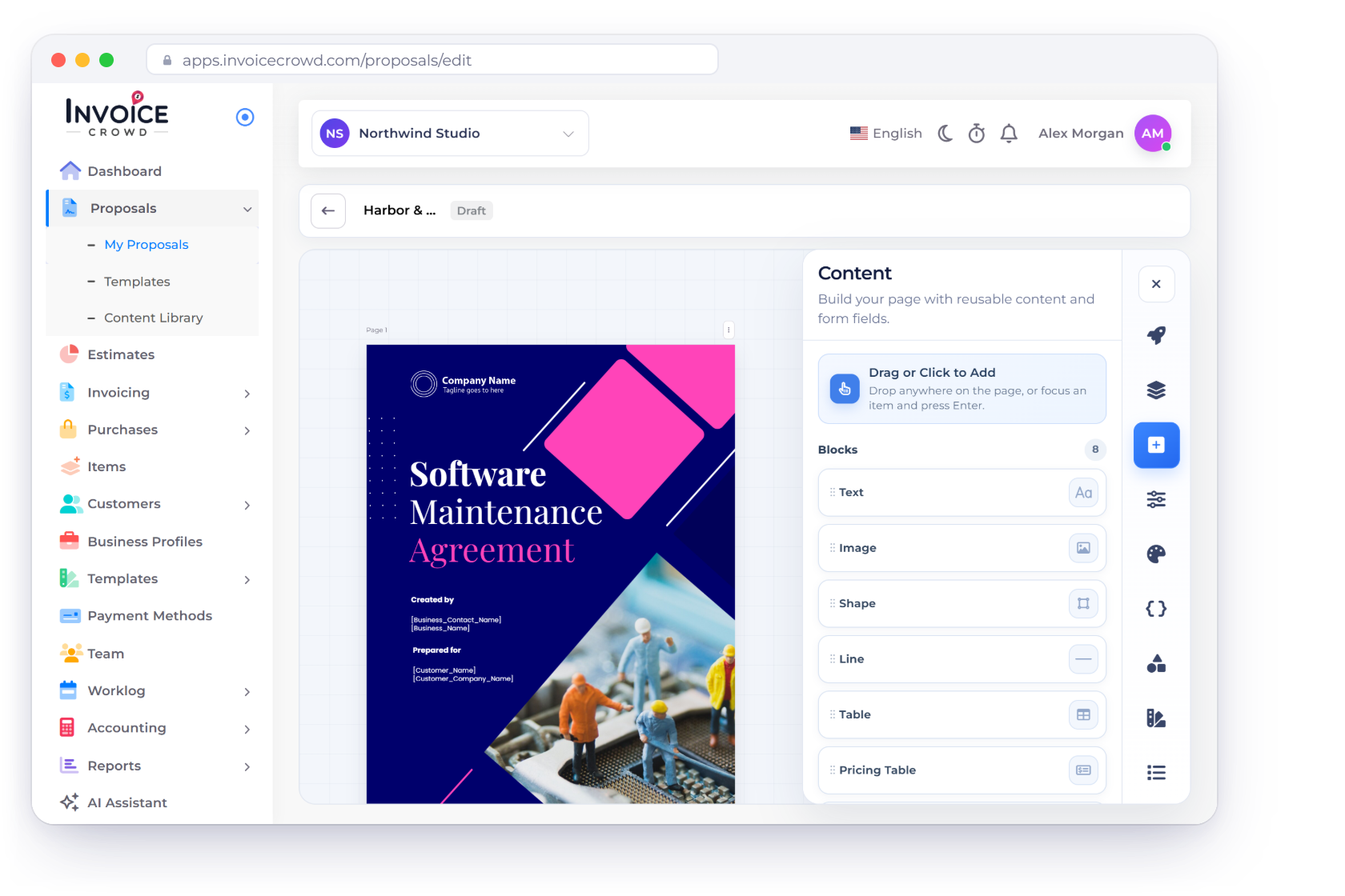 The Invoice Crowd proposal editor with the Software Maintenance Agreement template on the canvas and the Content panel of blocks, next to three proposal template covers and an approved proposal