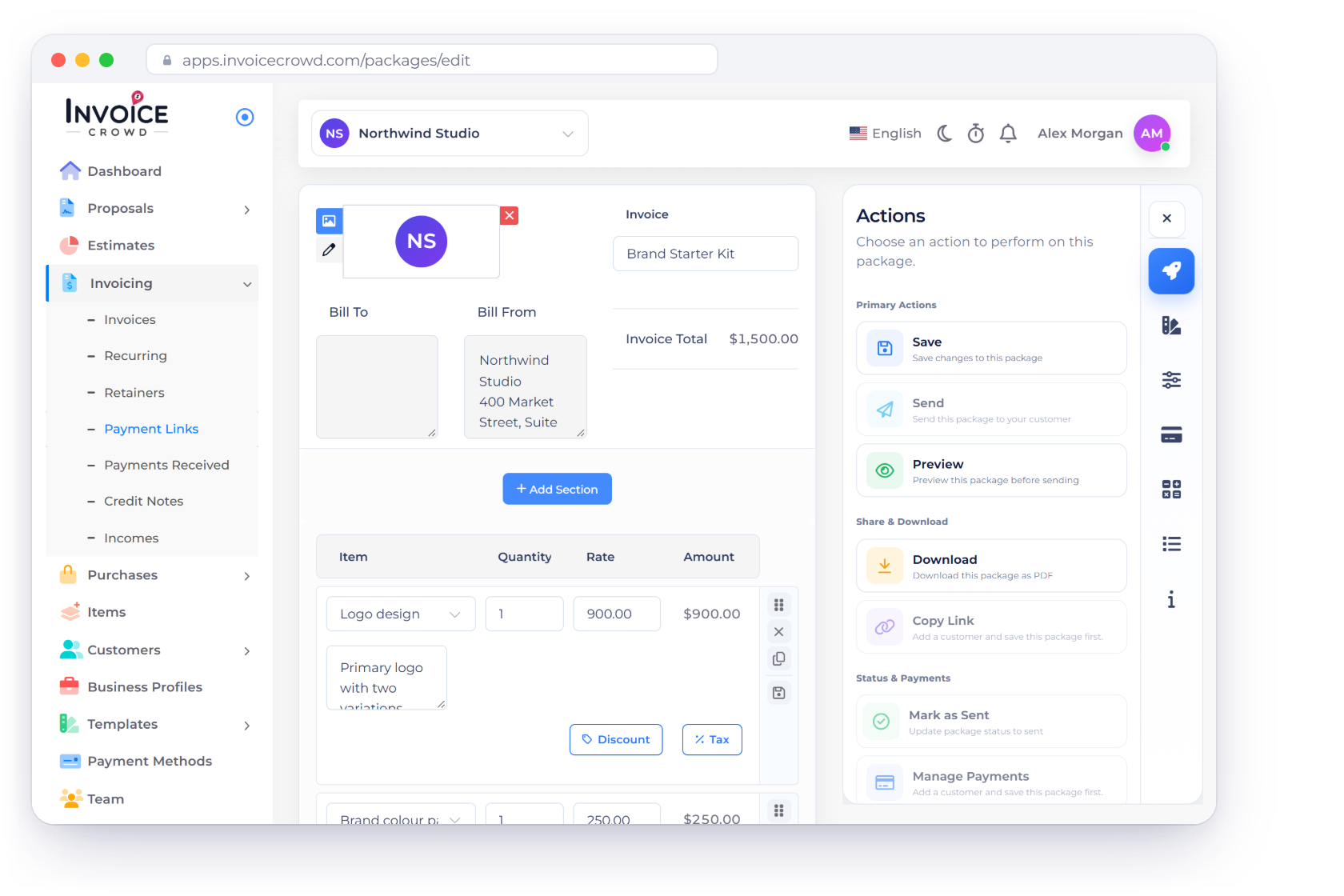 The Invoice Crowd payment link editor for the Brand Starter Kit with its lines, total and actions including Copy Link, next to the gateways it accepts and the invoice each purchase raises