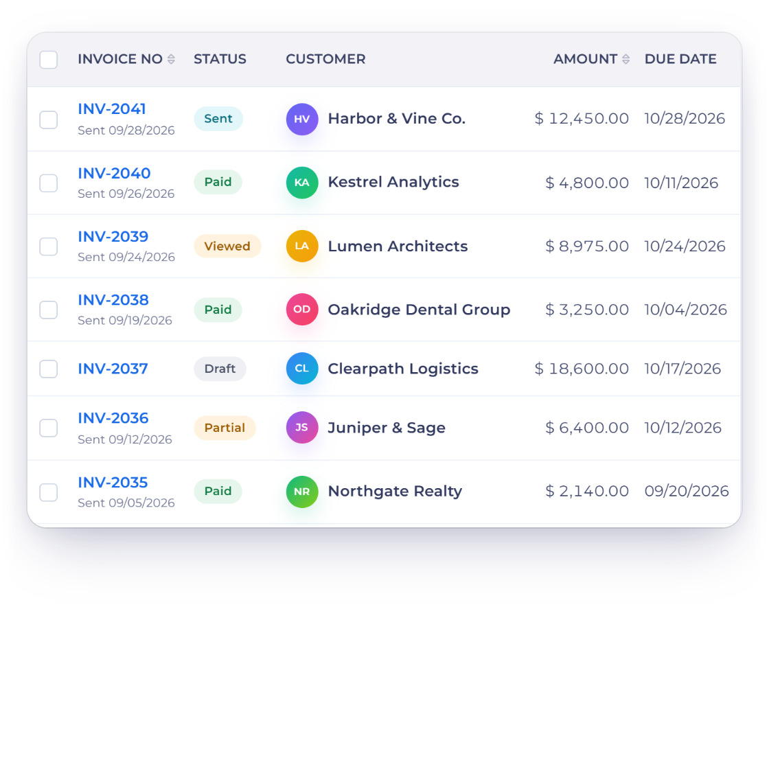 Invoice Crowd invoices list with a payment link invoice marked paid after the gateway confirms it, and the payment emails sent to the buyer and to you