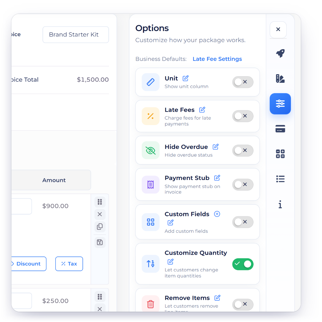 The Invoice Crowd payment link Options panel with Customize Quantity switched on, and the public link where the buyer sets how many they need and the total updates