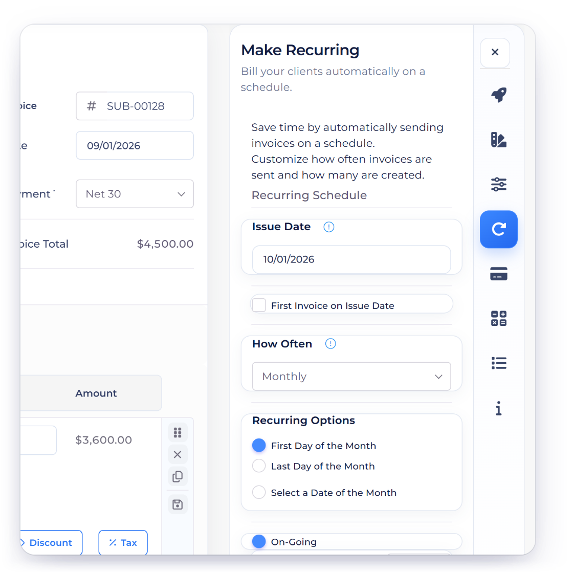 Invoice Crowd recurring schedule with the How Often choices Weekly, Monthly, Quarterly, Half Yearly, Yearly and Custom, set to a custom cycle of every 45 days