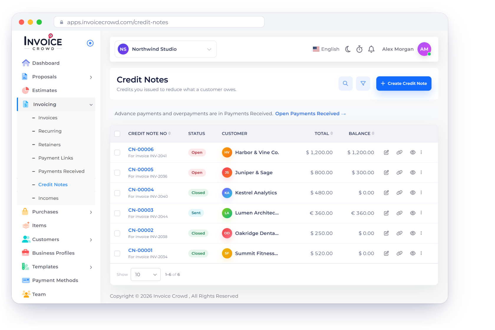 Invoice Crowd credit notes list with open and closed credit notes, their invoice, total and balance, and a credit being applied to an open invoice
