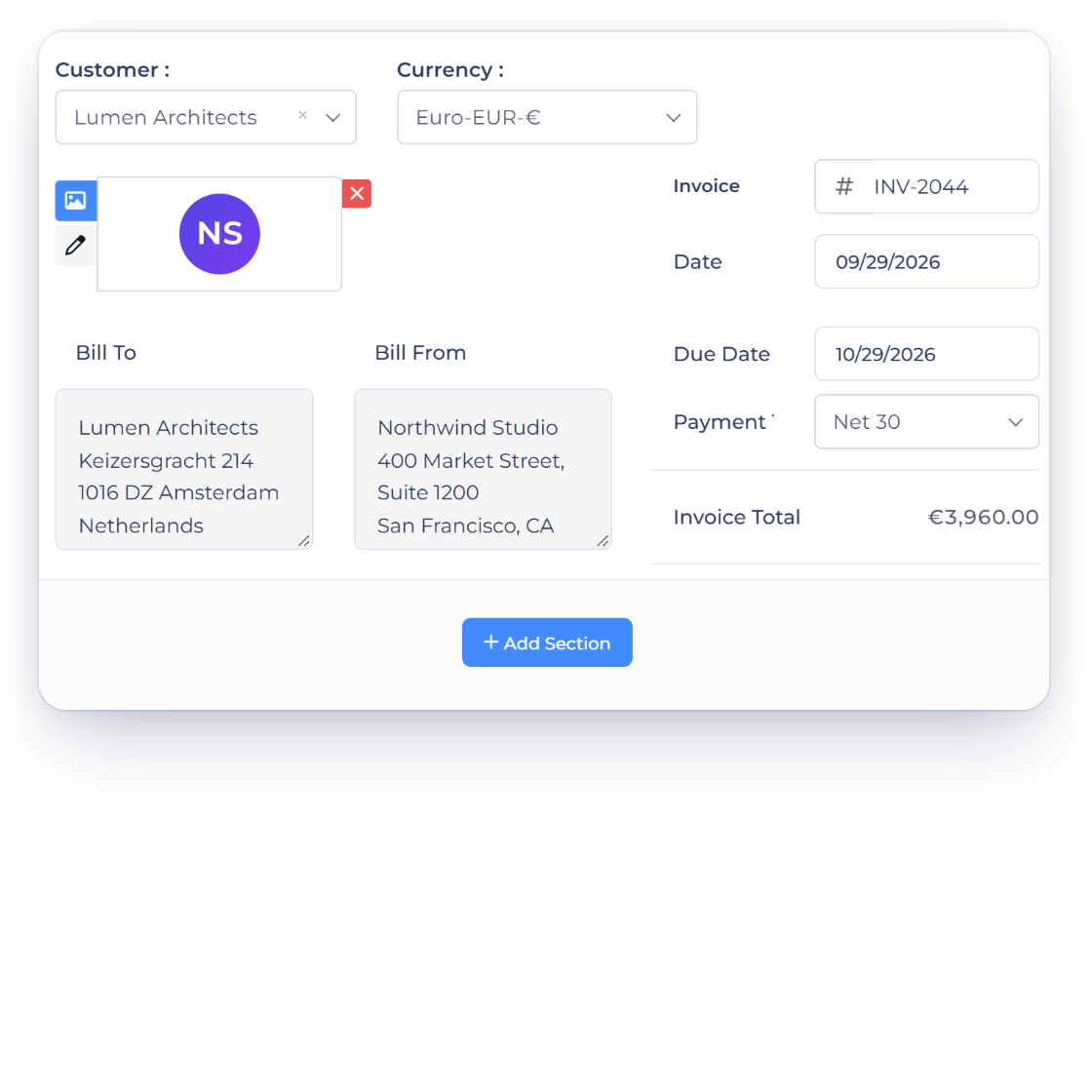 Invoice Crowd invoice editor with an invoice in euros for a client in the Netherlands, and the gateway that settles it in euros