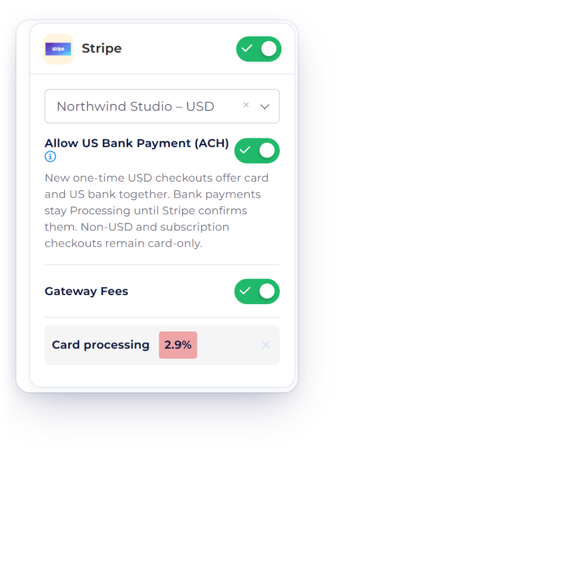 Invoice Crowd gateway fee set on Stripe for one invoice, and the fee the client sees added when paying through that gateway