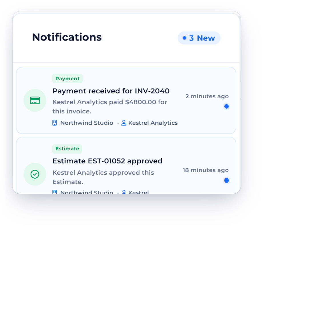 Invoice Crowd notifications panel with a payment received the moment a client paid, and the invoice marked paid
