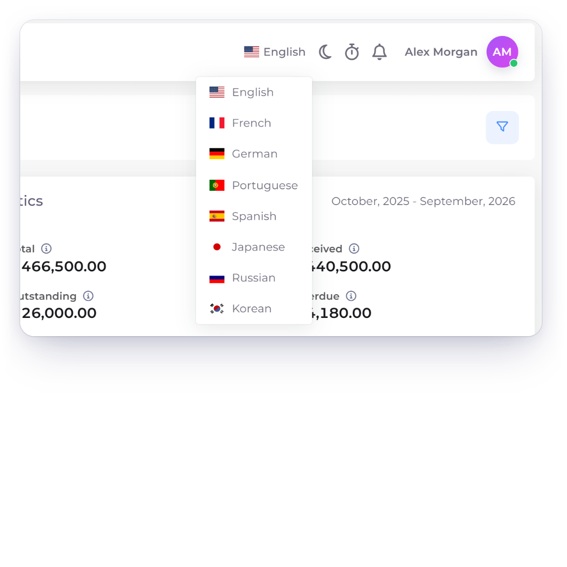The Invoice Crowd language menu listing English, French, German, Portuguese, Spanish, Japanese, Russian and Korean, and the menu shown in French