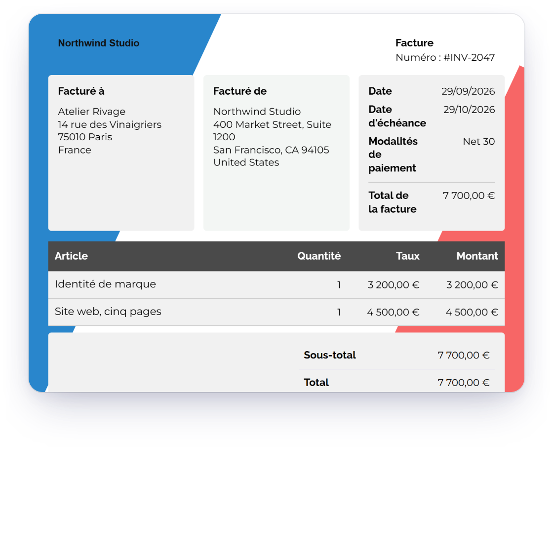 An Invoice Crowd invoice shown to the client in French, with the business profile languages set to French for the customer and English for the team
