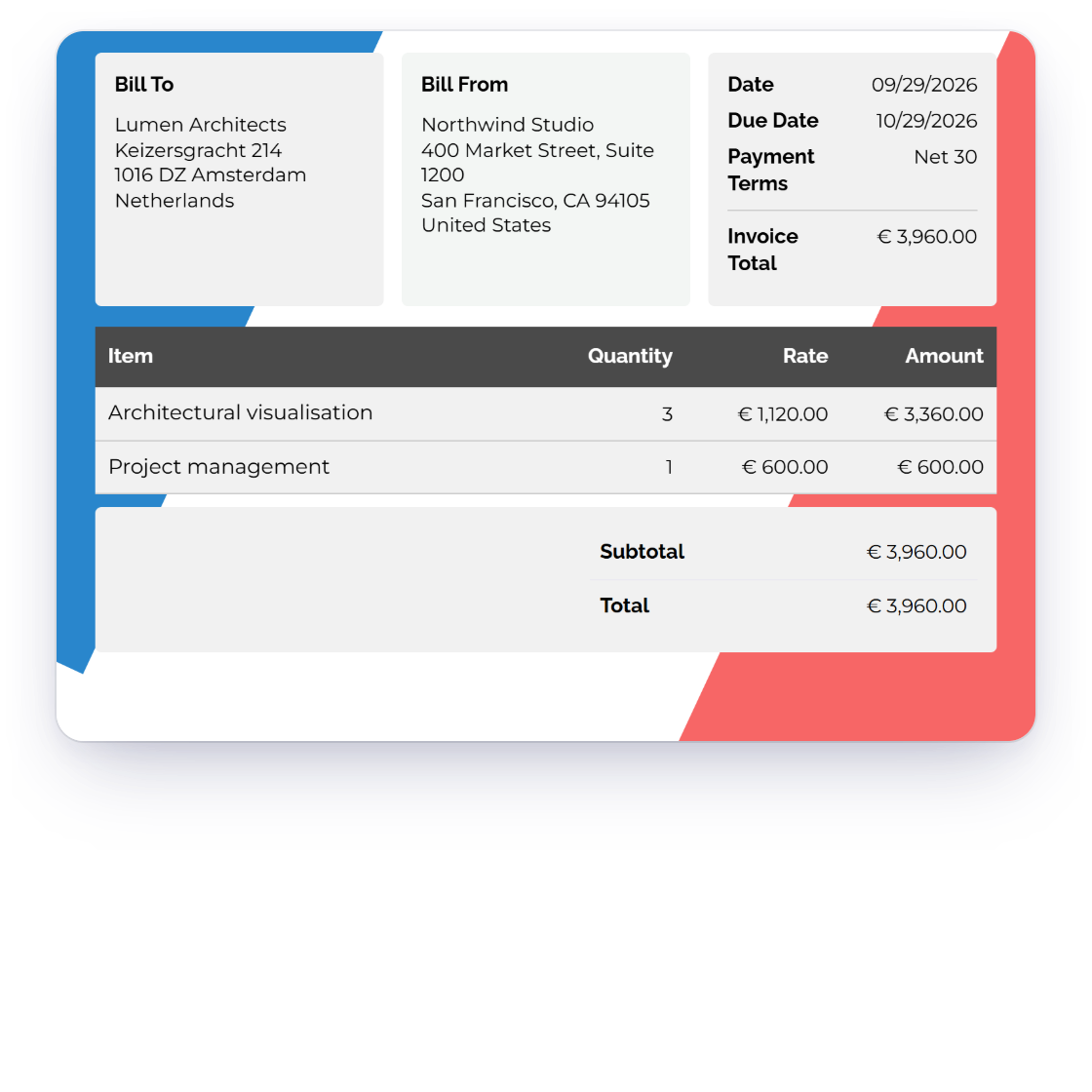 Invoice Crowd date format and currency format options for a business profile, next to an invoice in euros