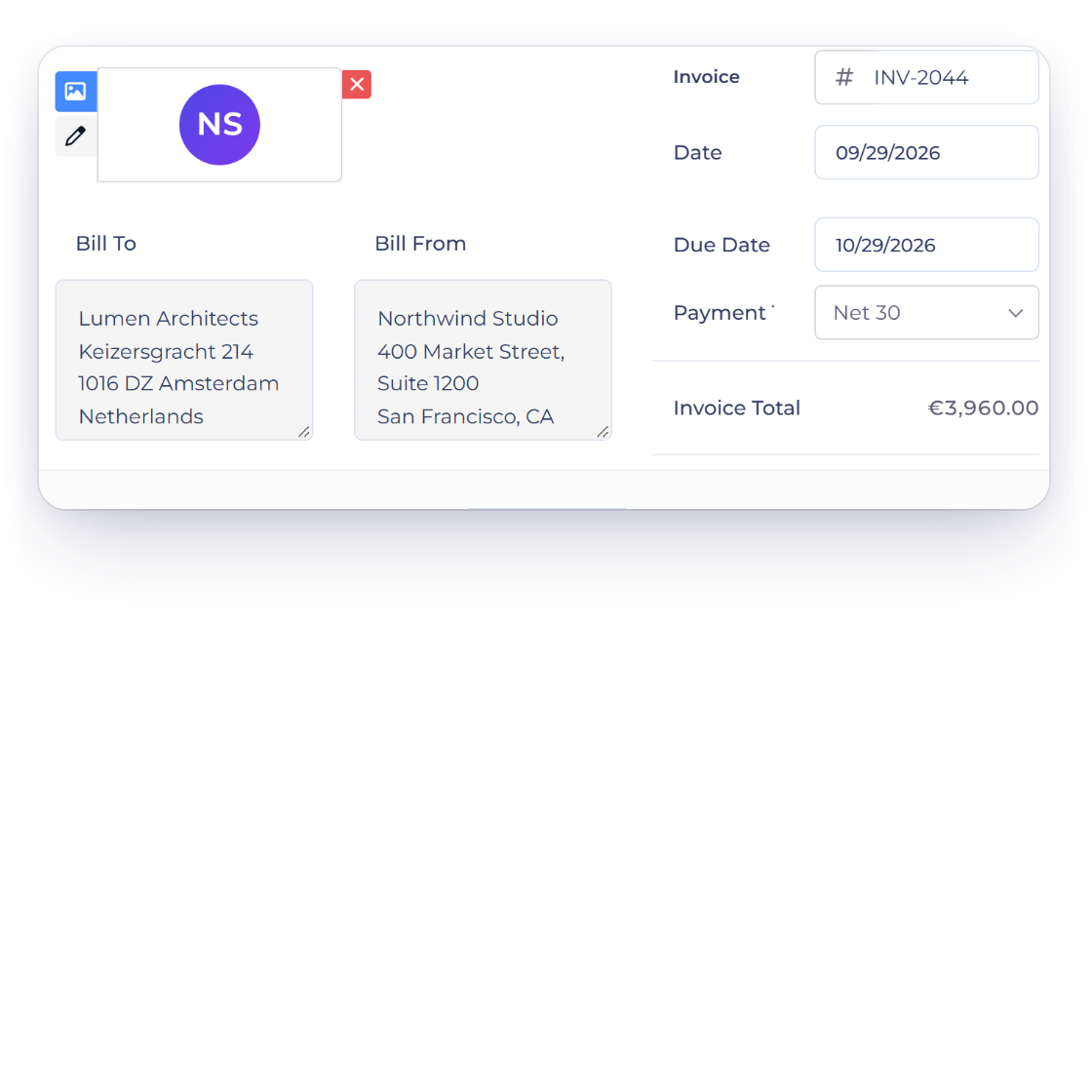 Invoice Crowd invoice editor with the document labels such as Bill To and Invoice Total edited, while the amounts stay the same