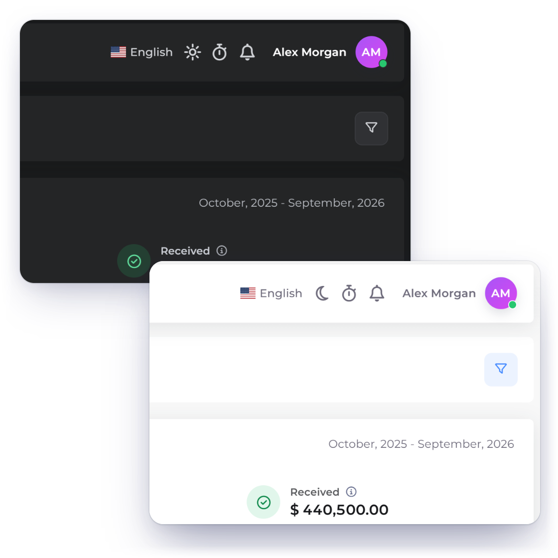 Invoice Crowd in the light theme and in the dark theme, with the interface language staying on English in both