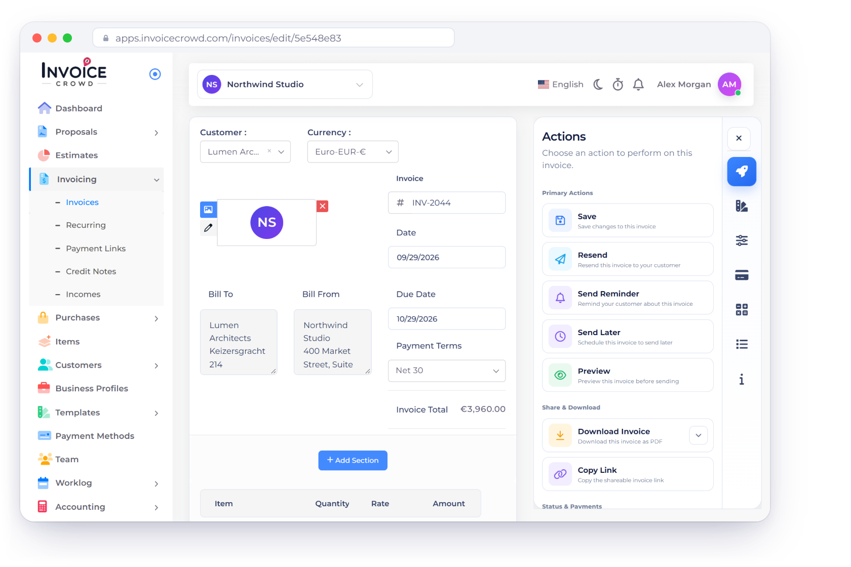 Invoice Crowd invoice editor with an invoice billed in euros, the exchange rate that converts it into the US dollar accounting currency, and the business profile currency settings