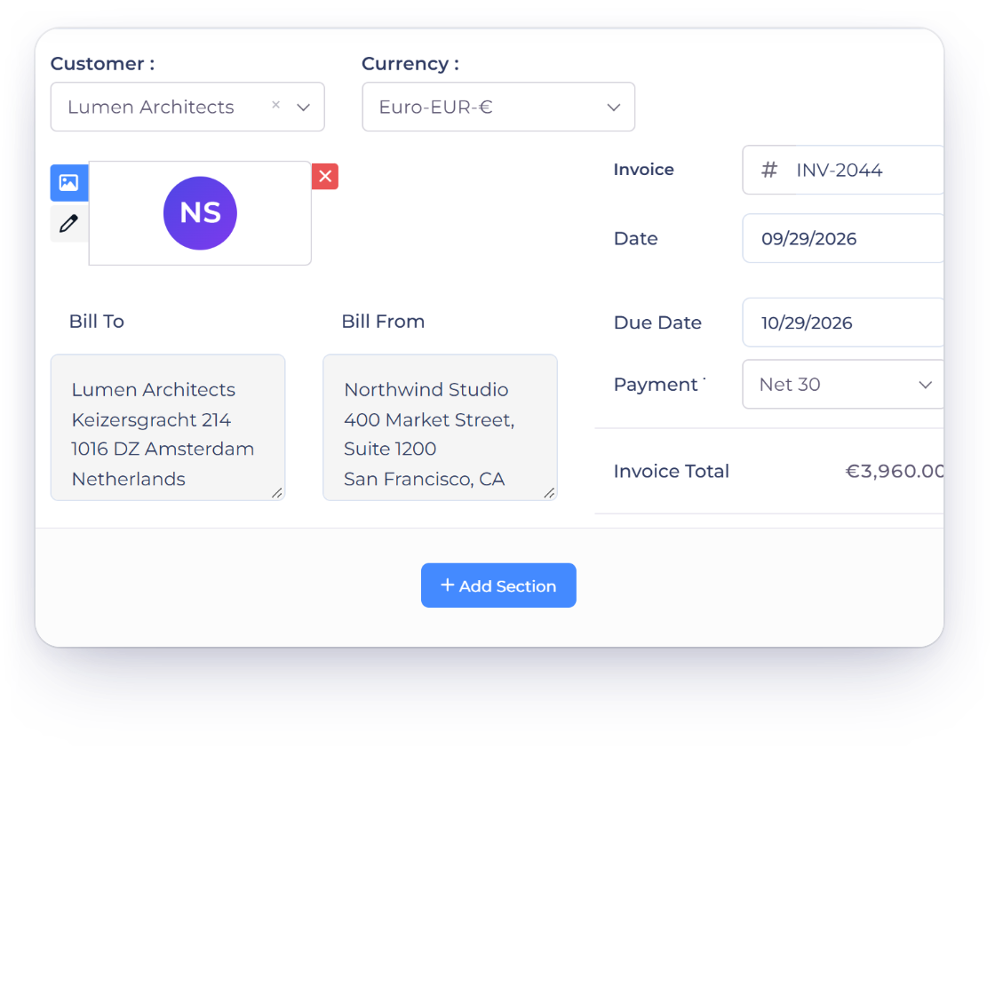 Invoice Crowd invoice in euros for a client in the Netherlands, with the amount in euros, the exchange rate and the amount in the US dollar accounting currency