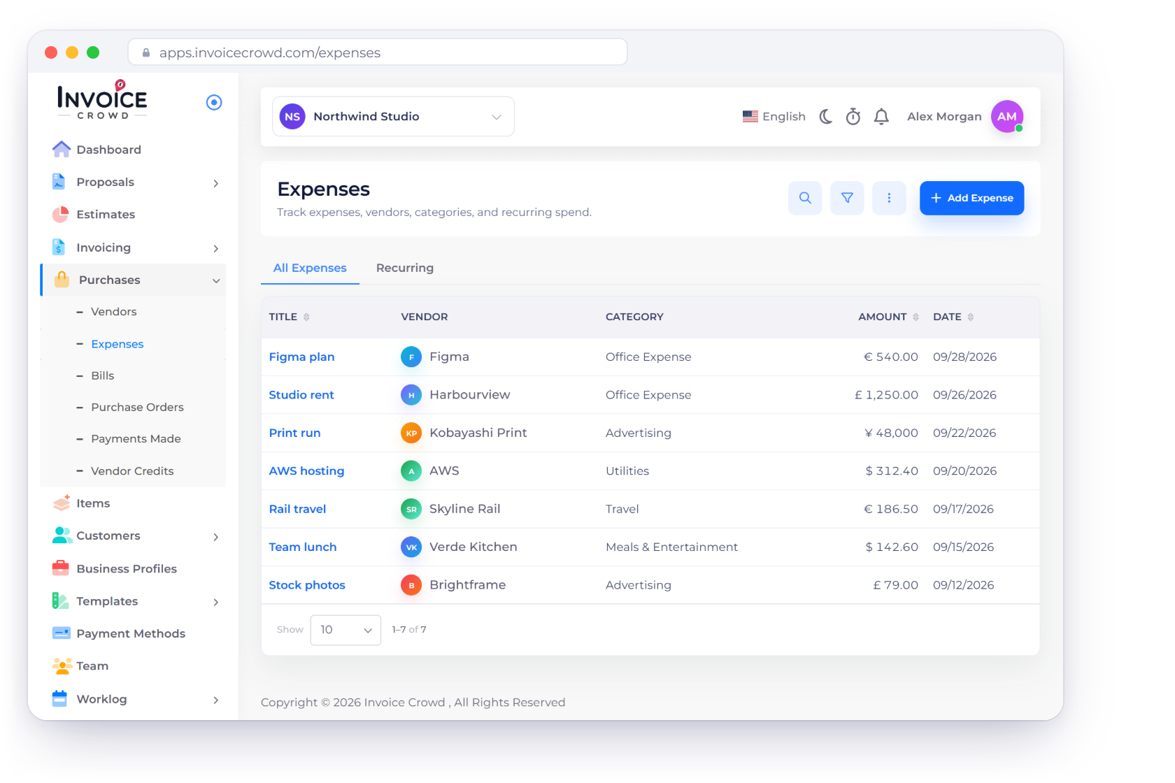 Invoice Crowd expenses list with a Pabbly Connect workflow that creates records in Invoice Crowd, and the six triggers and six actions available