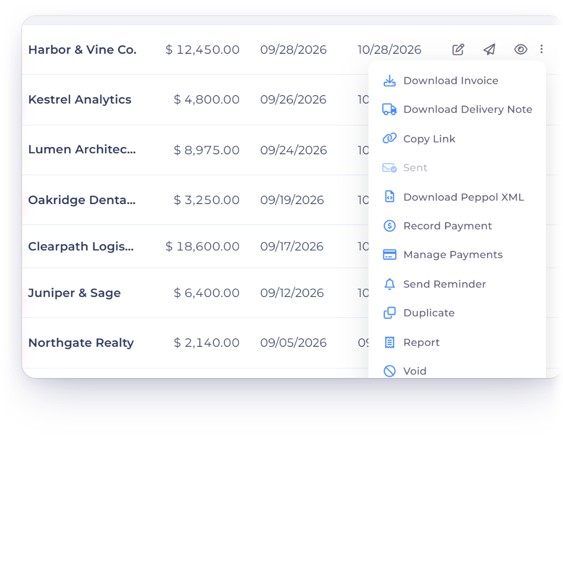Invoice Crowd invoice menu with Download Peppol XML, the UBL 2.1 file in the Peppol BIS Billing 3 profile, and the local checks run before download