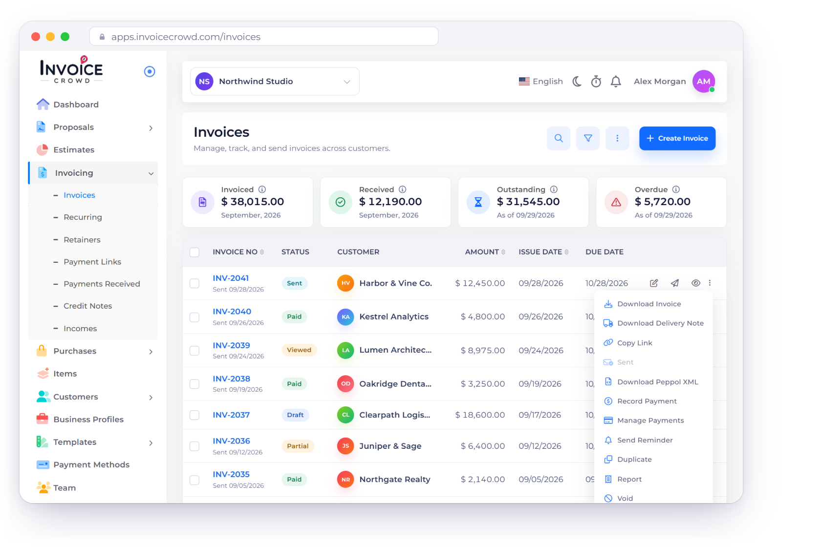 Invoice Crowd invoices list with Download Peppol XML in an invoice menu, the UBL file it produces, and the Peppol method set to file exchange