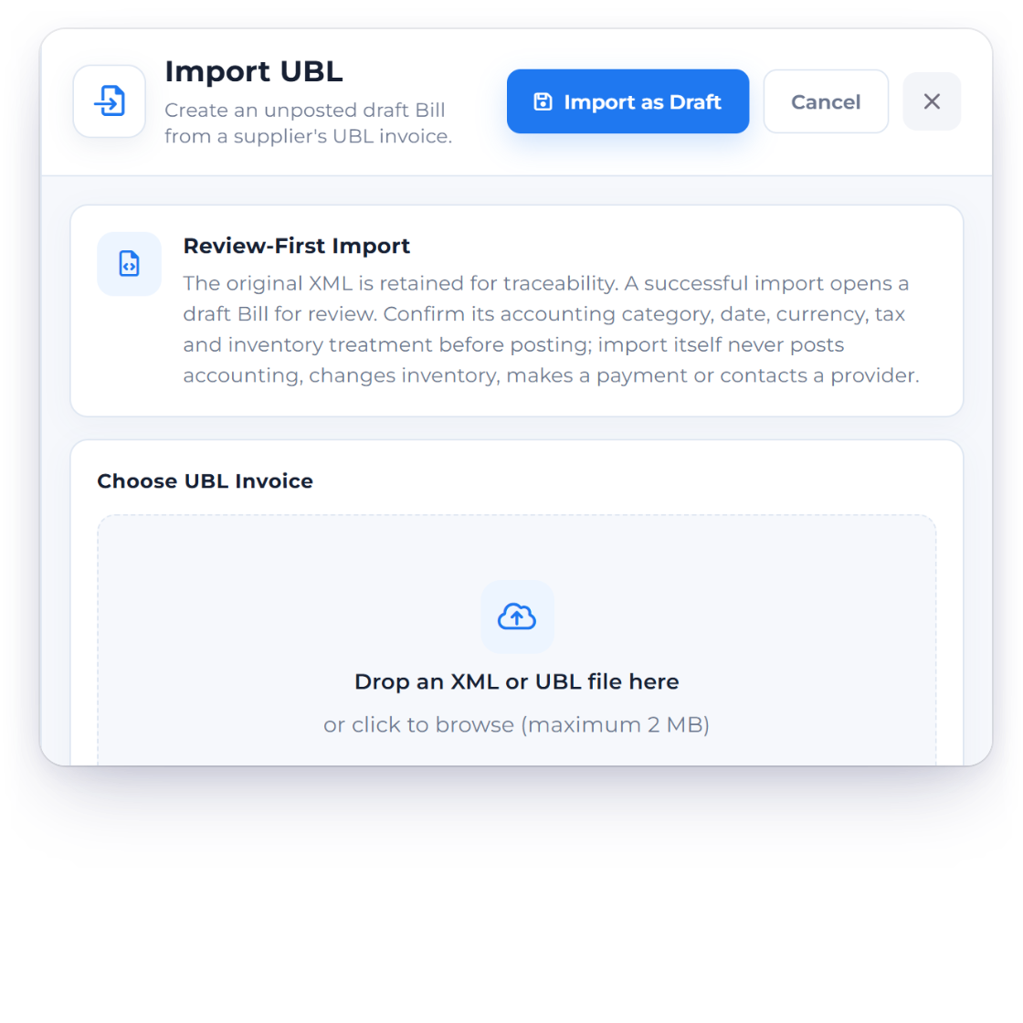 The Invoice Crowd Import UBL drawer on Bills that creates an unposted draft bill from a supplier UBL file