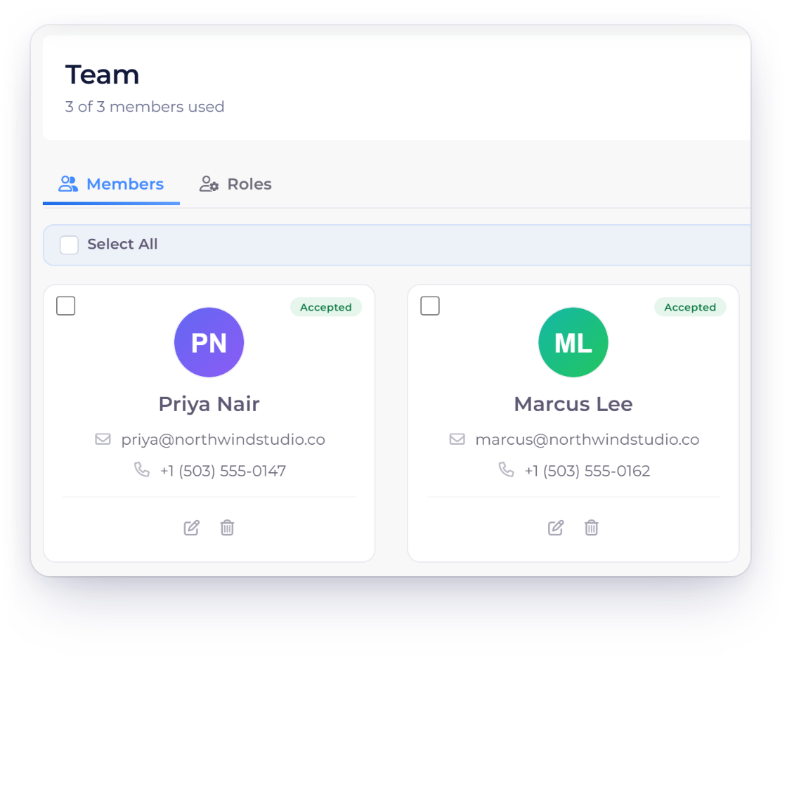Invoice Crowd team screen showing 3 of 3 members used, the seats each plan includes, and the message shown when no seat is left