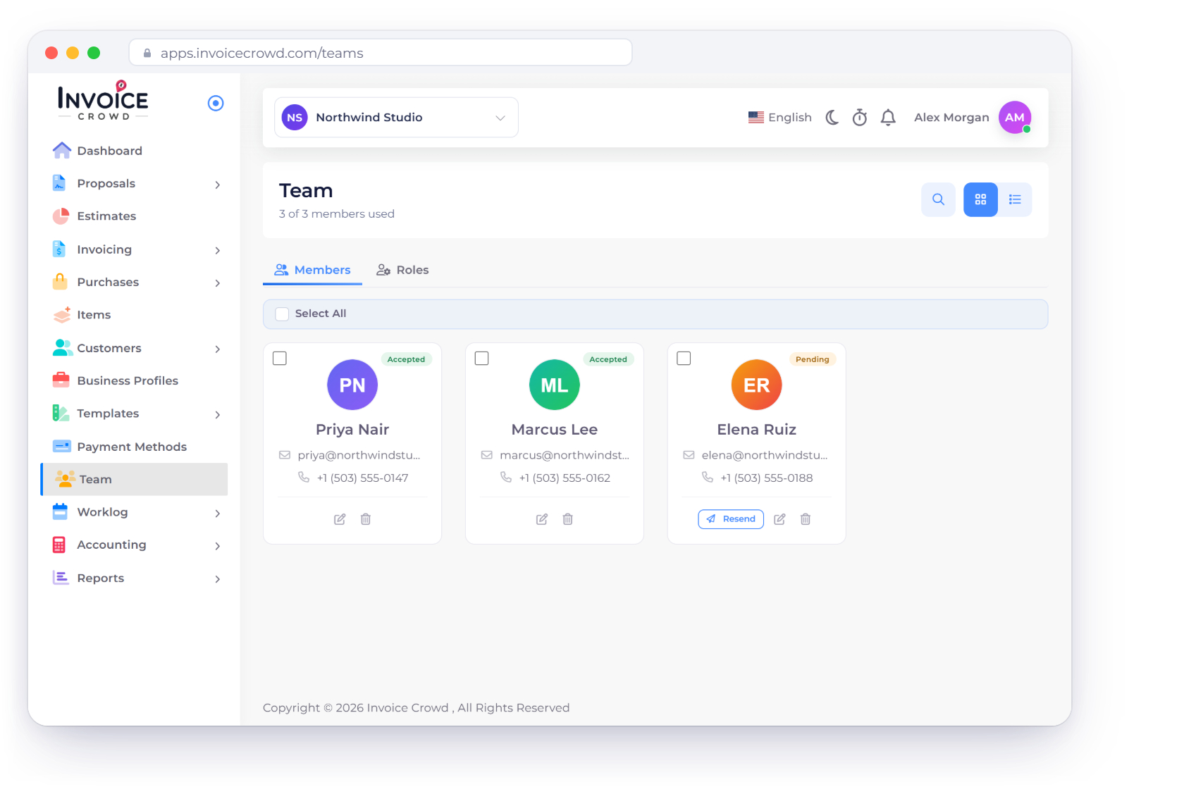 Invoice Crowd team screen with three members, accepted and pending, the invite panel with a role and business profiles, and team seats by plan