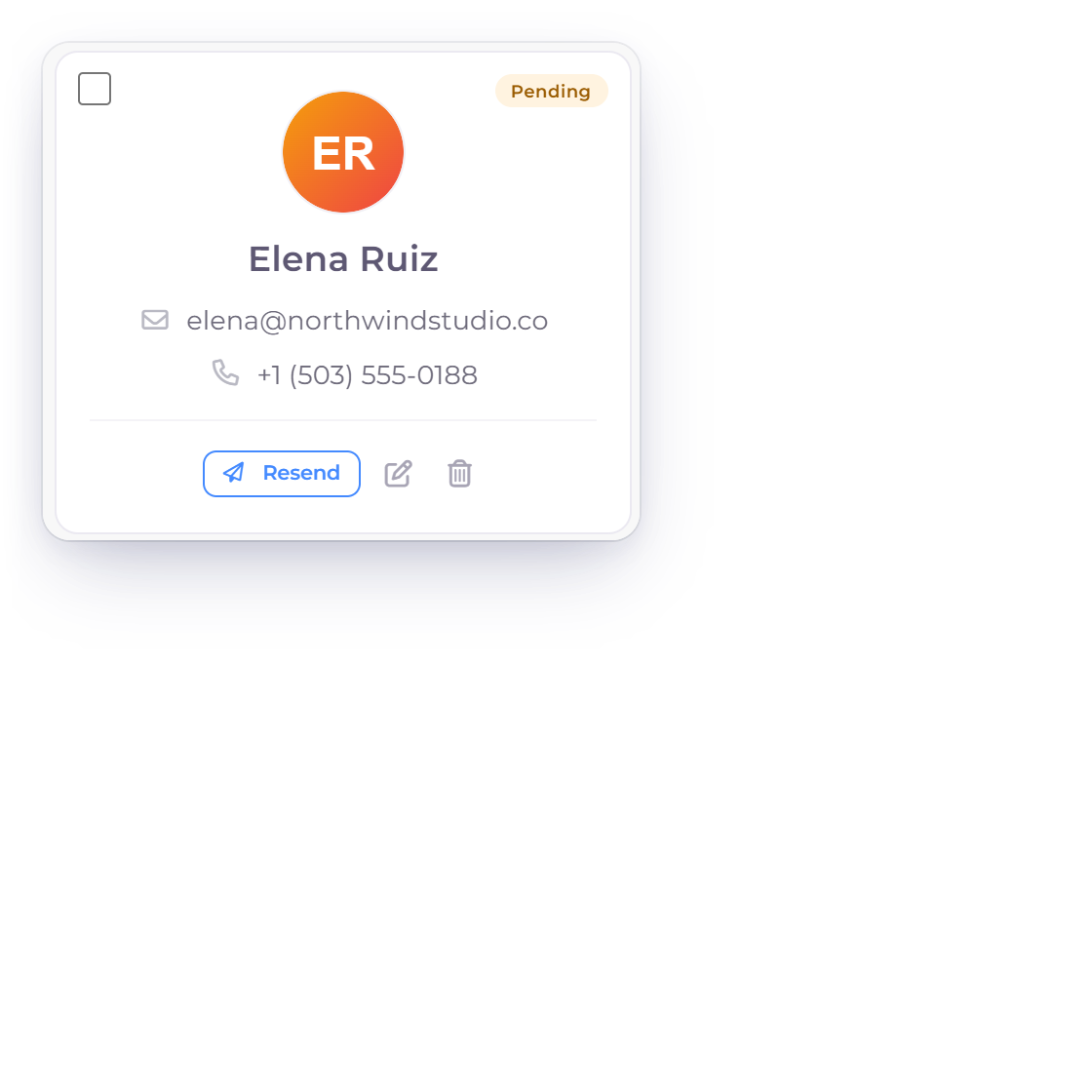 Invoice Crowd team members with a pending invitation that can be resent, and the member details the invitation is tied to