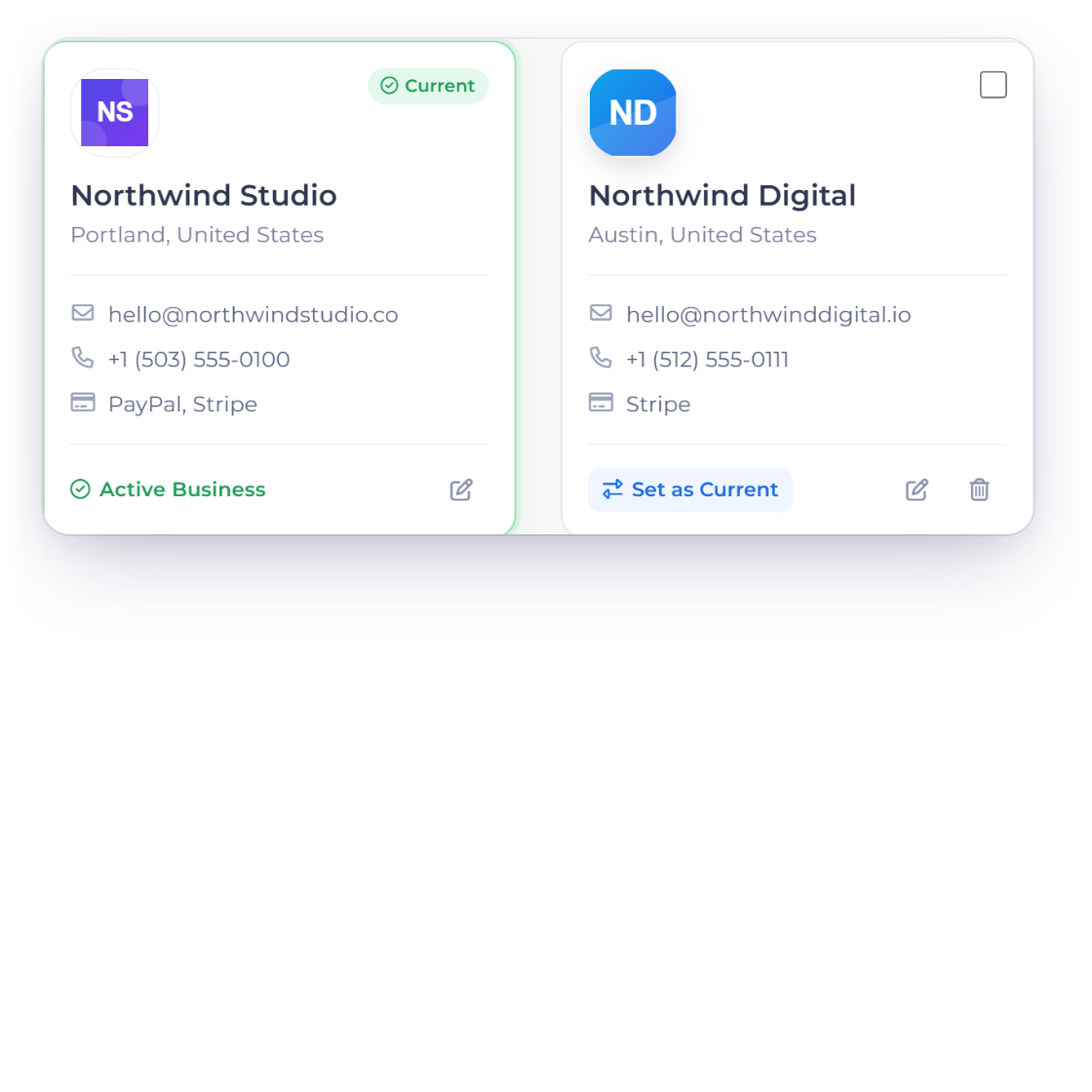 Invoice Crowd invite panel choosing which business profiles a team member may work in, next to the team members