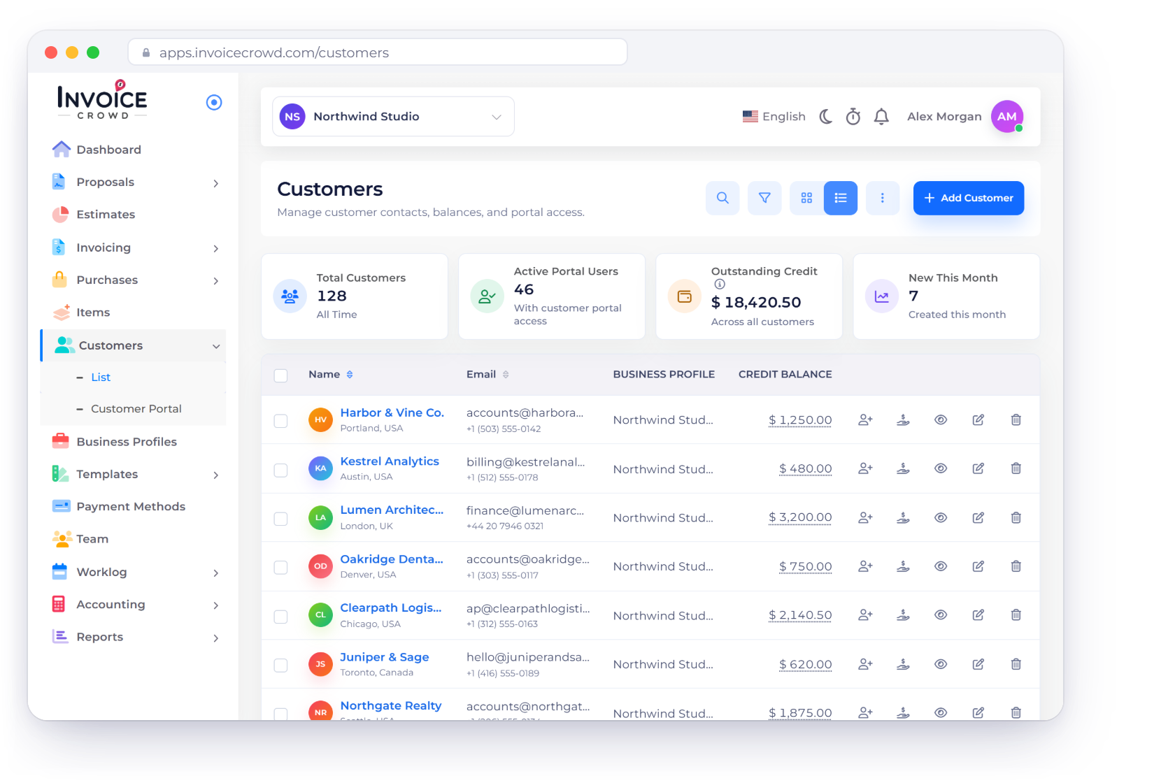 Invoice Crowd customers list with a Zapier workflow that creates records in Invoice Crowd, and the six triggers and six actions available