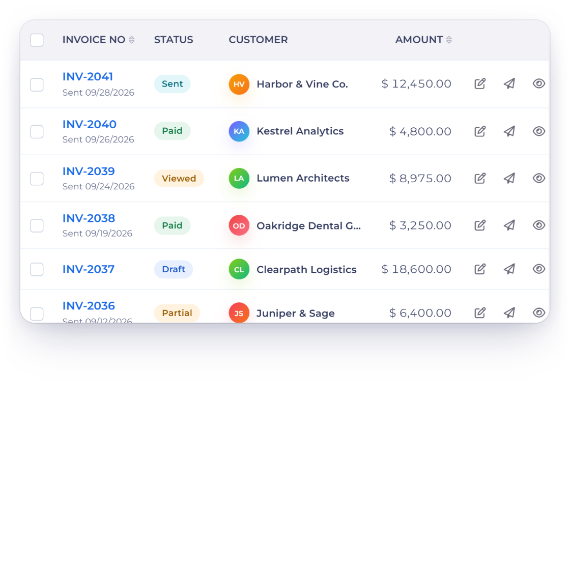 Invoice Crowd invoices list with the six Zapier triggers and the new invoice trigger picked