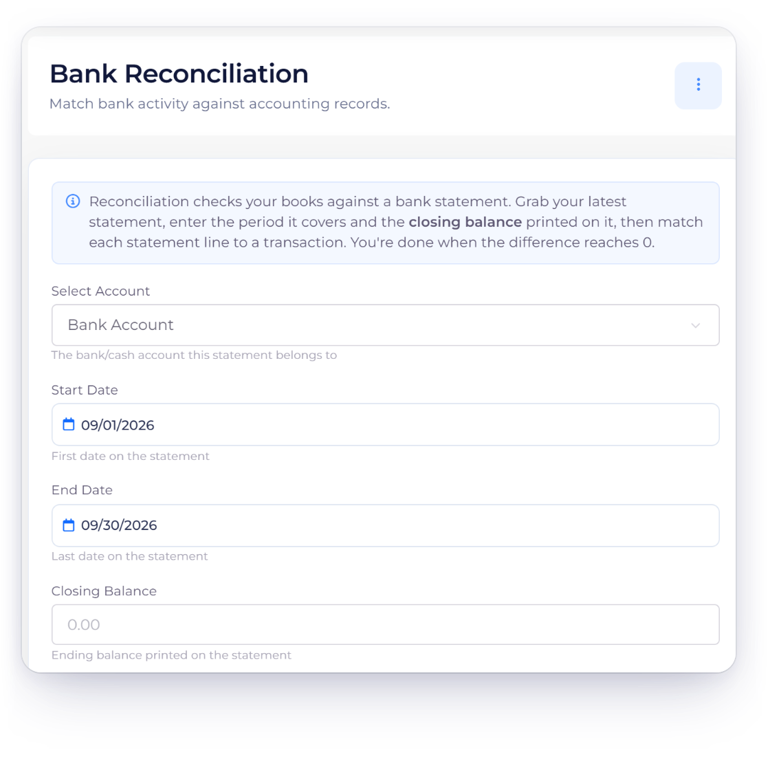 Invoice Crowd Bank Reconciliation, where a statement period and closing balance are entered and each statement line is matched to a recorded transaction