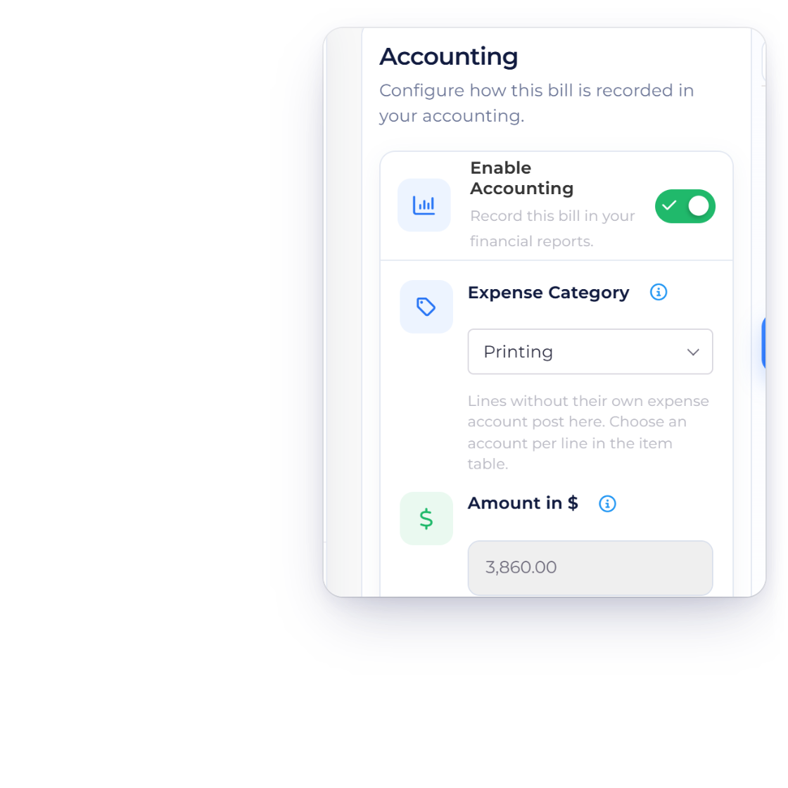 The Accounting tab of an Invoice Crowd bill with accounting enabled, the expense category set to Printing and the resulting Accounts Payable posting