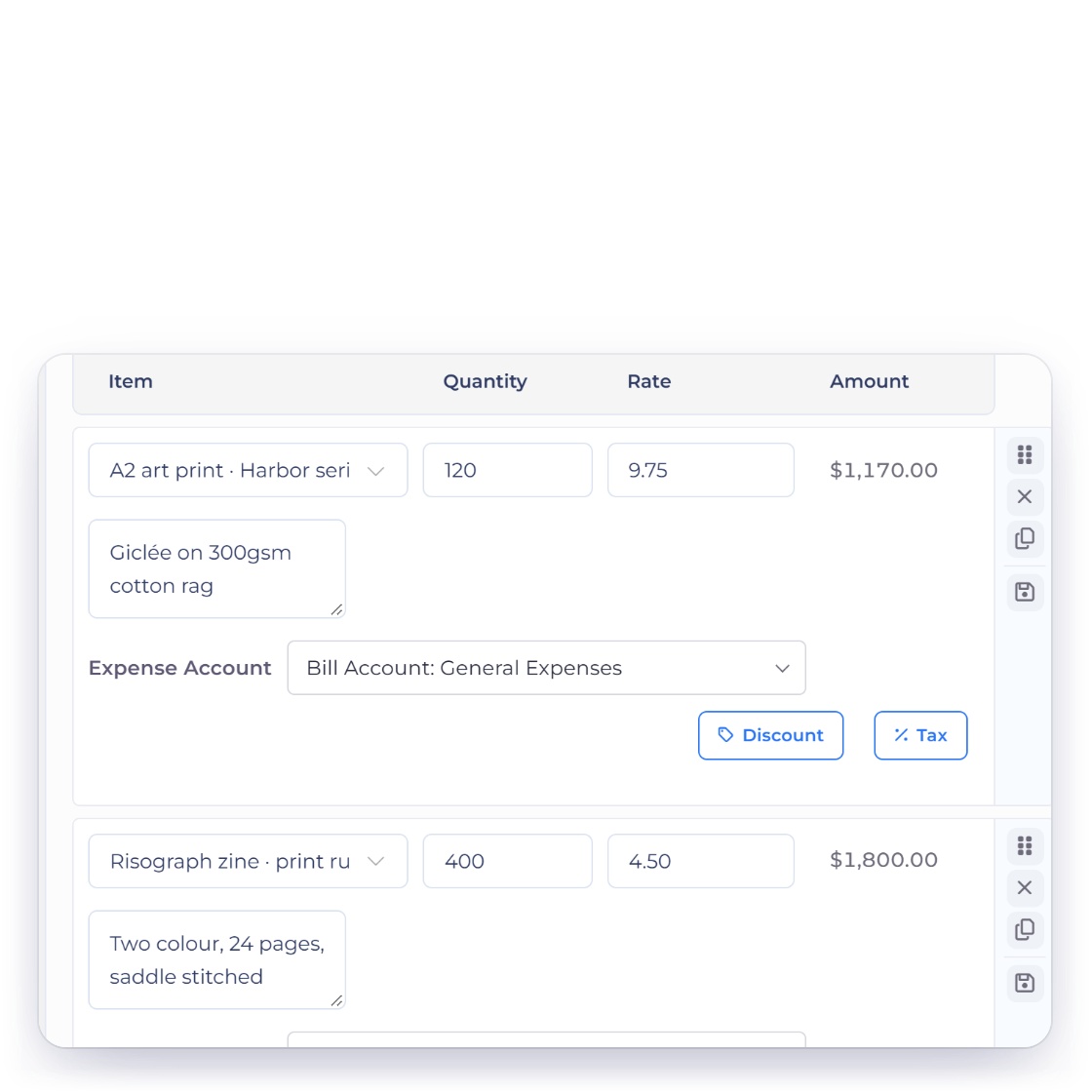 Invoice Crowd bill editor with a vendor picked from the vendor list and four line items with quantities, rates and amounts