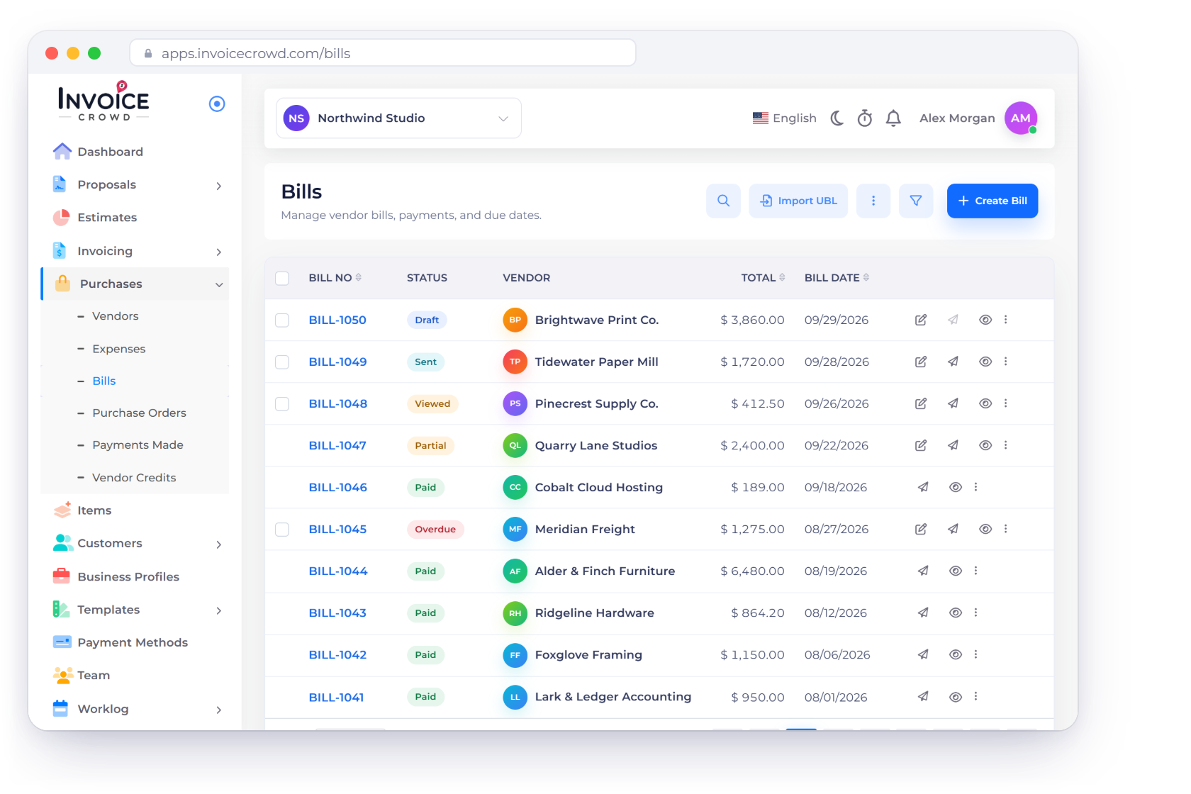 The Bills screen in Invoice Crowd listing vendor bills by status, vendor, total and bill date, with a bill converted from a purchase order, a part-paid bill and the Accounts Payable posting for a bill