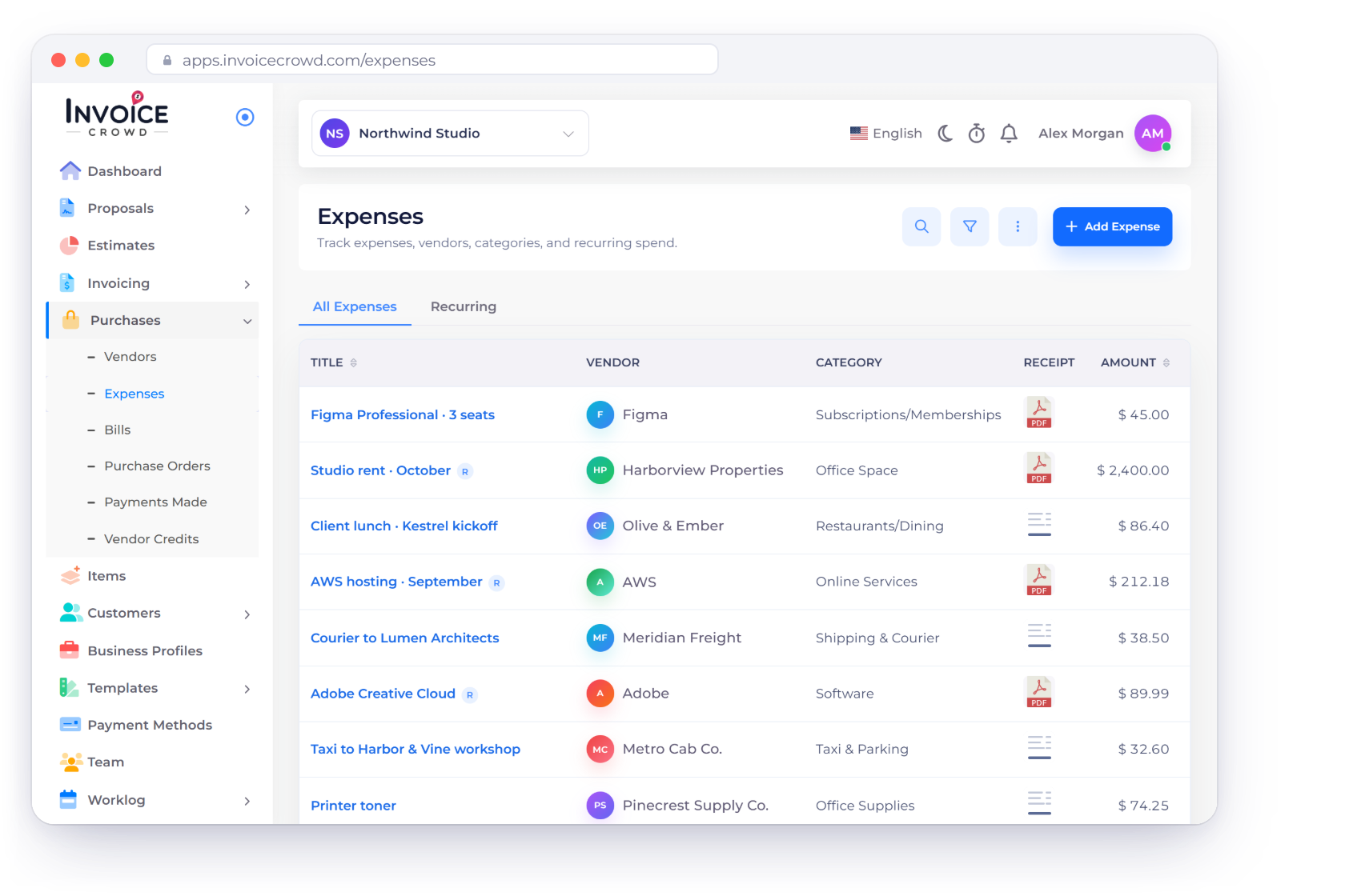 The Expenses screen in Invoice Crowd listing expenses with vendor, category, receipt, amount and date, with a receipt read by Extract Text and a monthly recurring expense