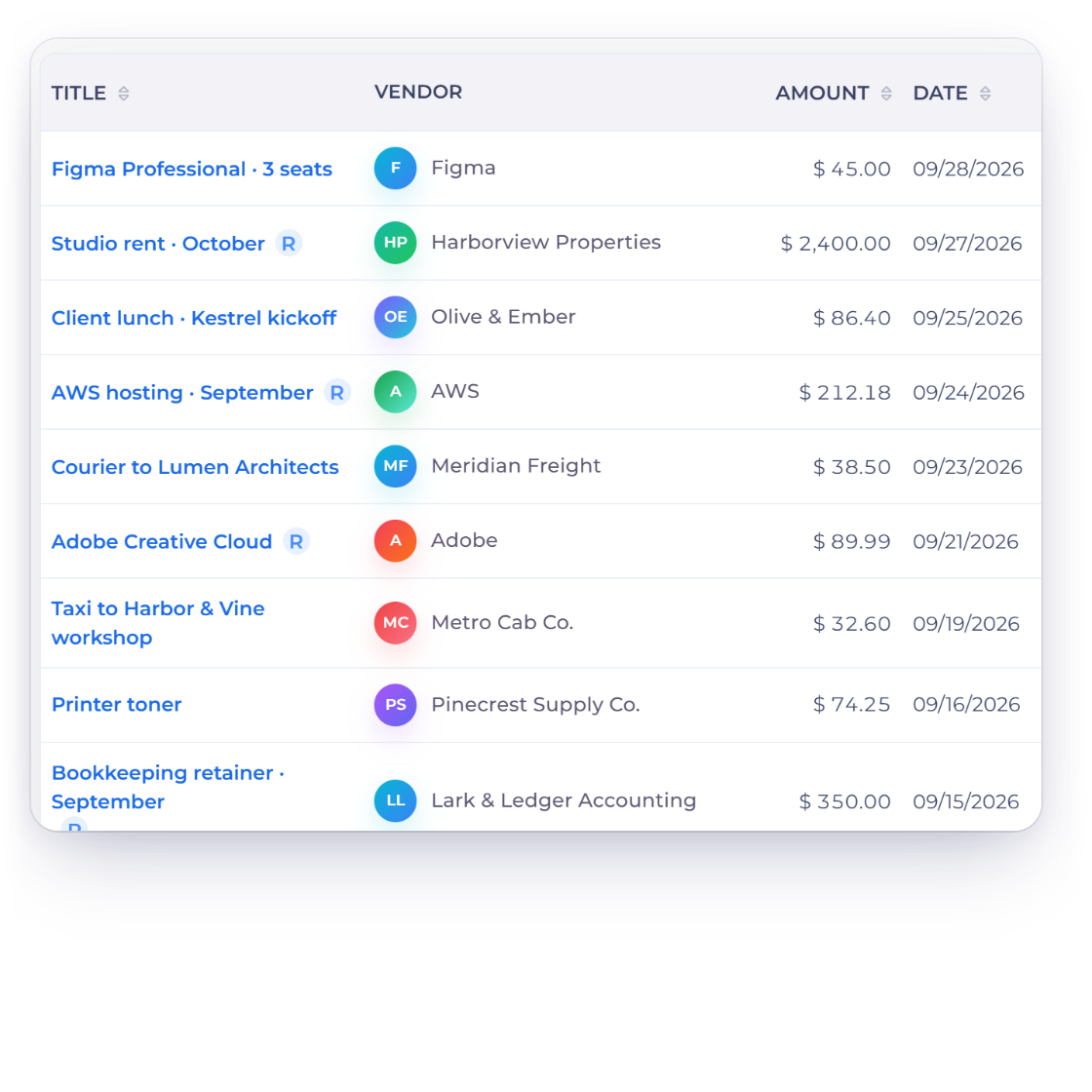 Invoice Crowd expenses list with the vendor recorded on each expense, and the vendor picker on an expense