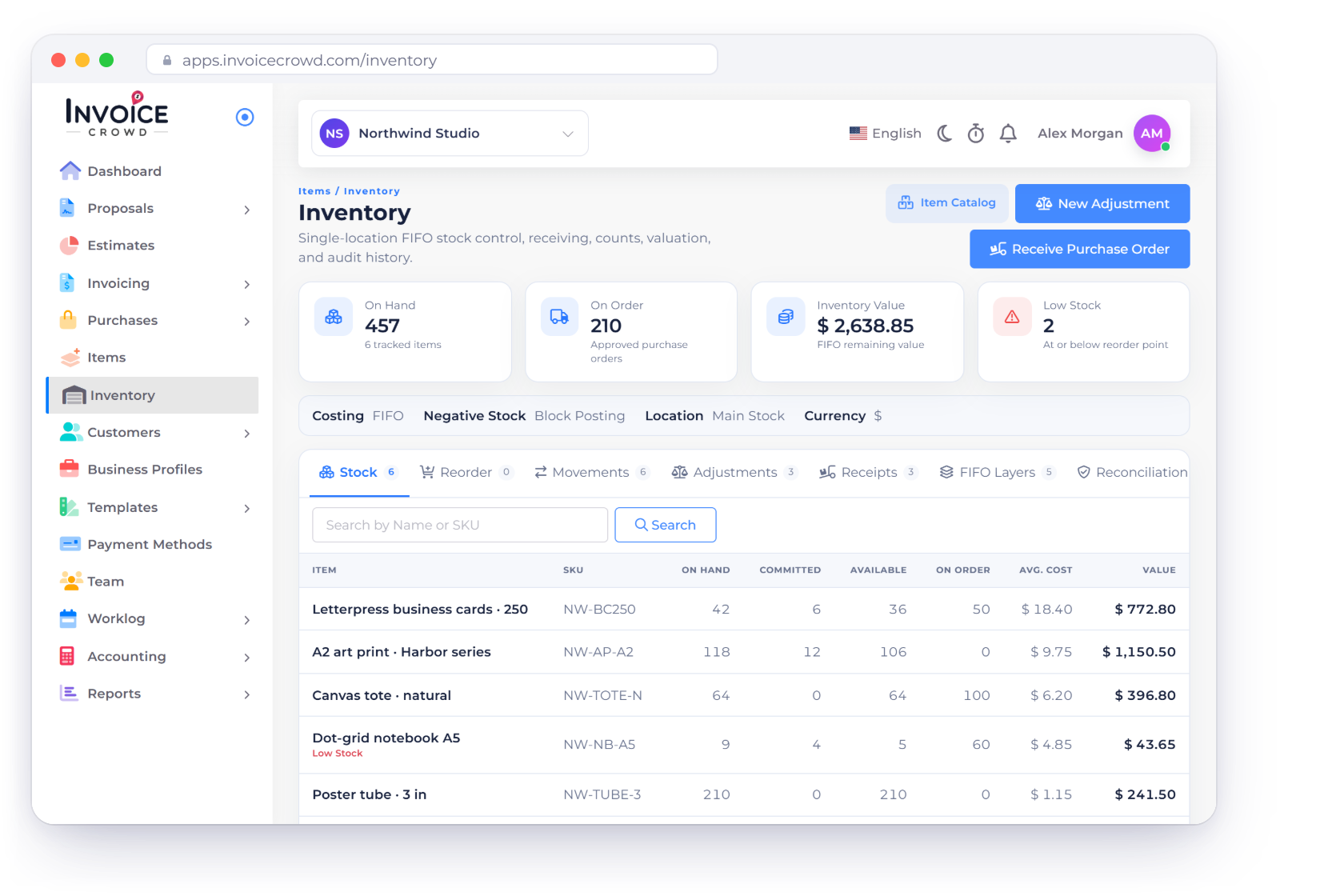 The Inventory screen in Invoice Crowd with on-hand, on-order, FIFO value and low-stock totals, single-location FIFO costing and stock per item, with a bill receiving stock
